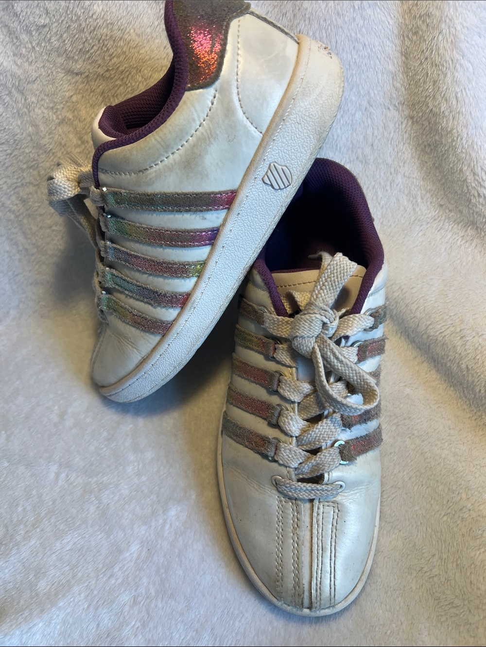 K-Swiss White Sneakers with Iridescent Pink and Purple Stripes